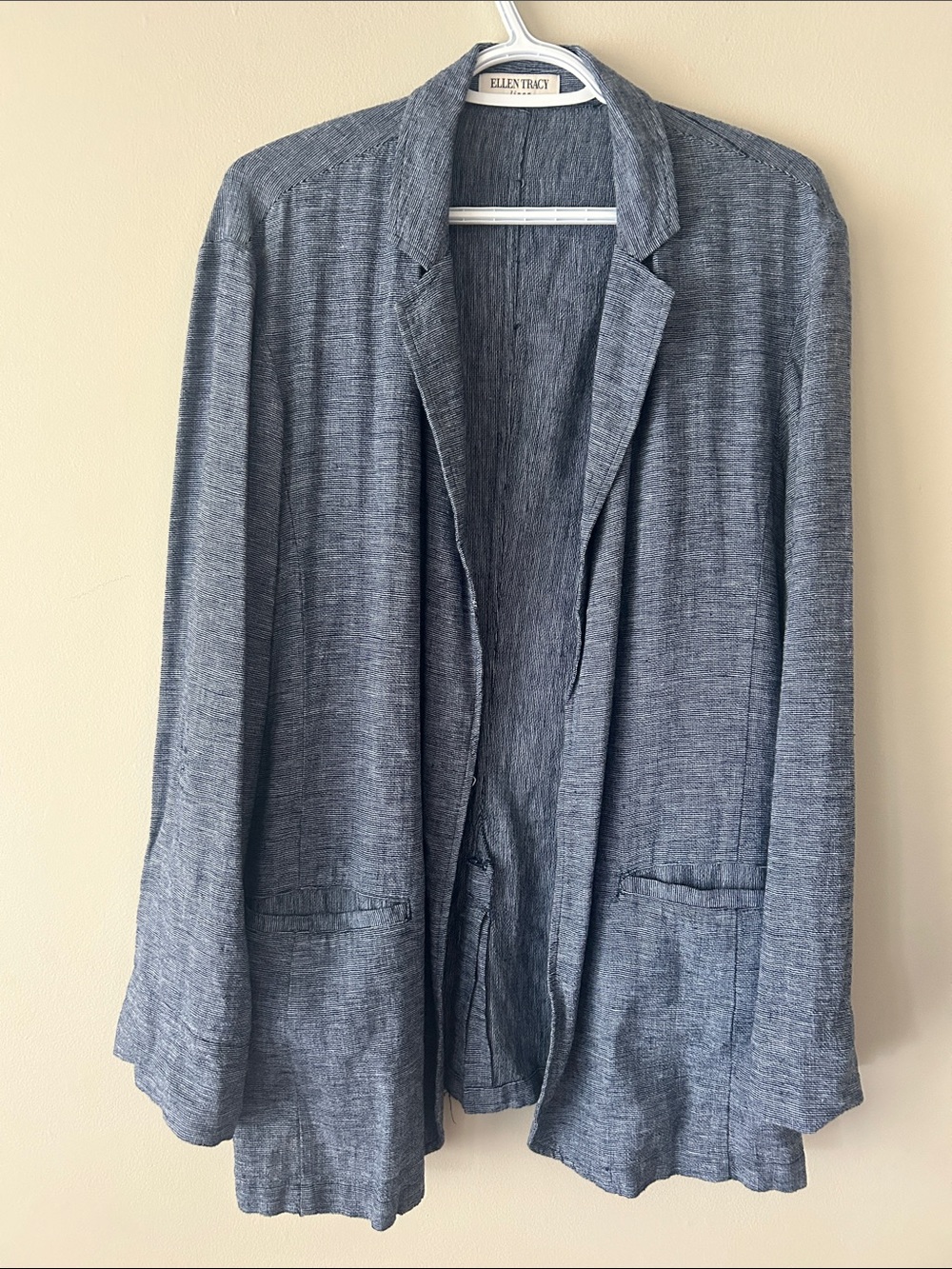 Ellen Tracy Linen Heathered Slate Open-Front Blue Blazer